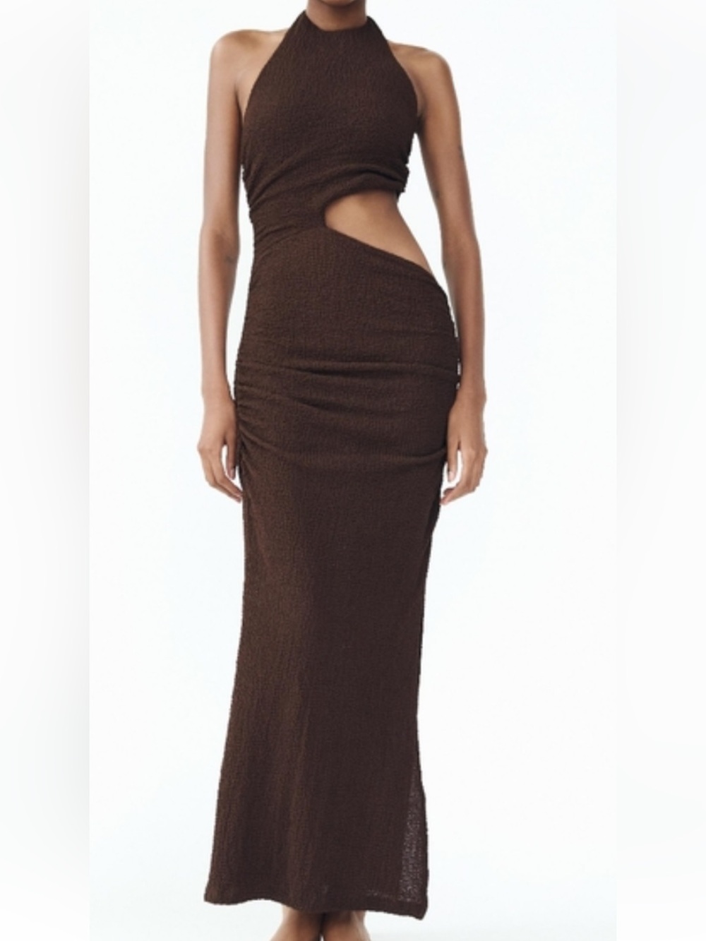 Zara Brown Textured Knit Halter Maxi Dress